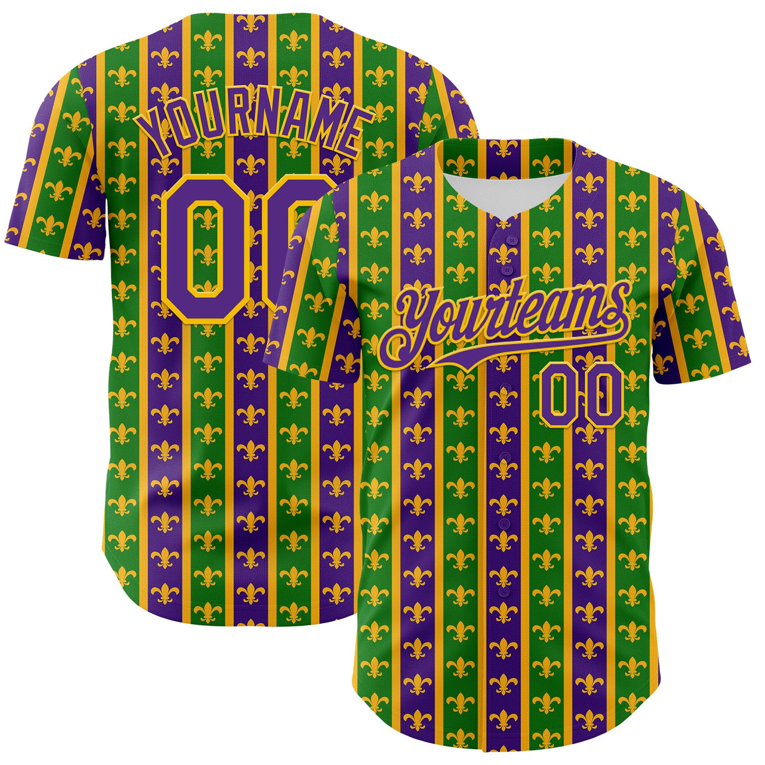 Custom Green Purple-Gold 3D Pattern Design Mardi Gras Shrove Tuesday Authentic Baseball Jersey