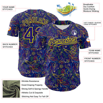 Custom Dark Purple Light Yellow 3D Pattern Design Mardi Gras Shrove Tuesday Authentic Baseball Jersey