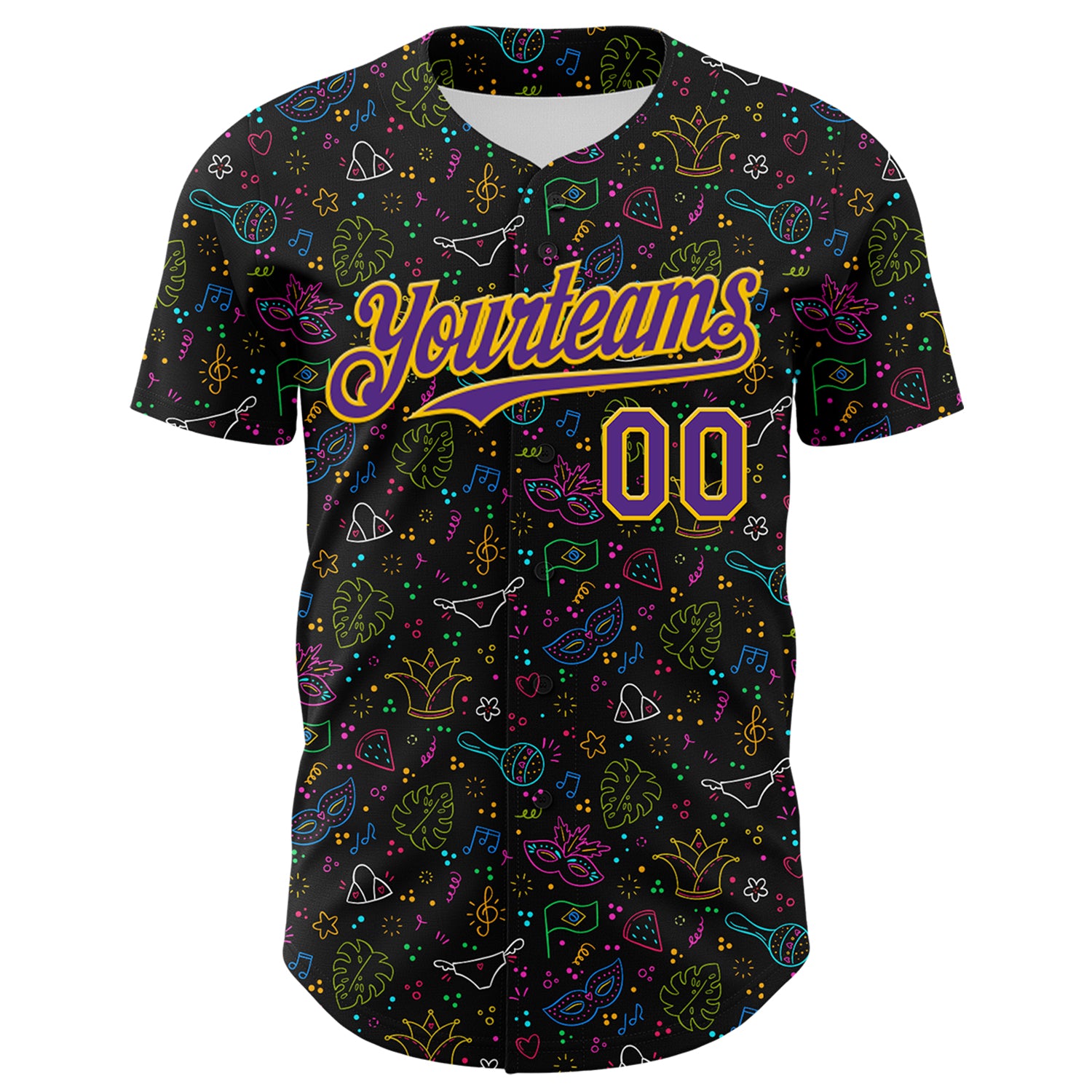 Custom Black Purple-Gold 3D Pattern Design Mardi Gras Shrove Tuesday Authentic Baseball Jersey