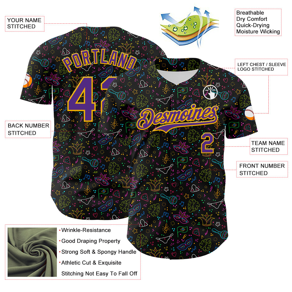 Custom Black Purple-Gold 3D Pattern Design Mardi Gras Shrove Tuesday Authentic Baseball Jersey
