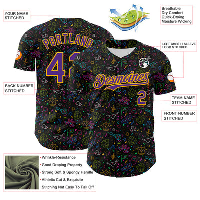Custom Black Purple-Gold 3D Pattern Design Mardi Gras Shrove Tuesday Authentic Baseball Jersey