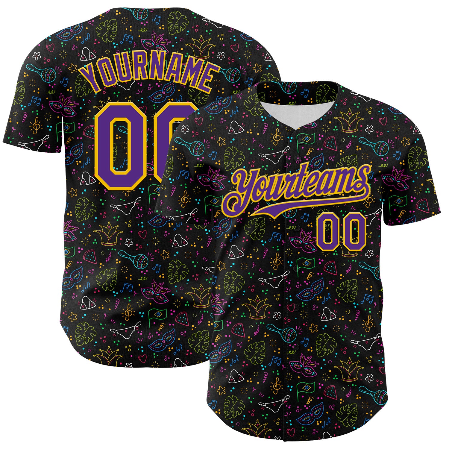 Custom Black Purple-Gold 3D Pattern Design Mardi Gras Shrove Tuesday Authentic Baseball Jersey