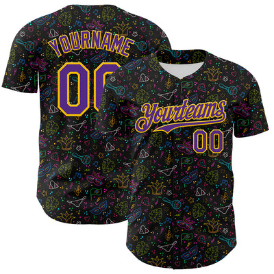 Custom Black Purple-Gold 3D Pattern Design Mardi Gras Shrove Tuesday Authentic Baseball Jersey