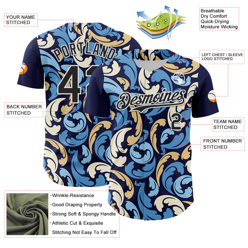 Custom Navy Black-White 3D Pattern Design Burner Costumes Floral Grunge Authentic Baseball Jersey