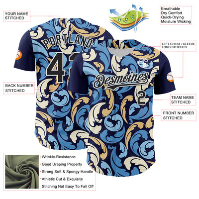 Custom Navy Black-White 3D Pattern Design Burner Costumes Floral Grunge Authentic Baseball Jersey