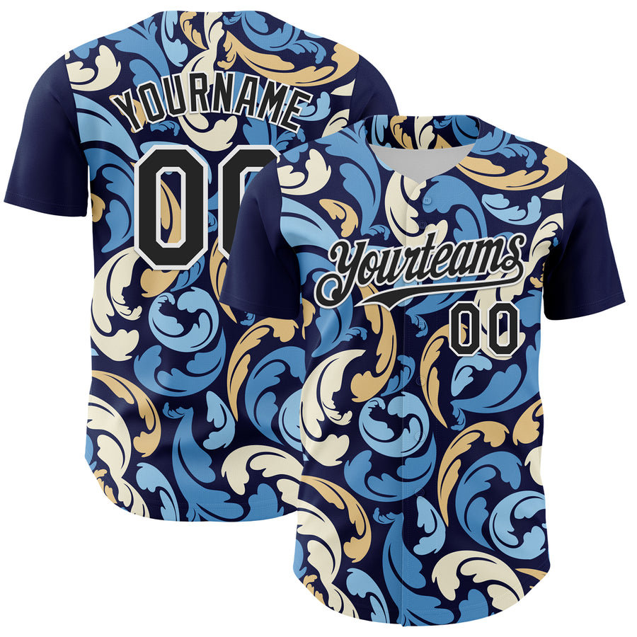Custom Navy Black-White 3D Pattern Design Burner Costumes Floral Grunge Authentic Baseball Jersey
