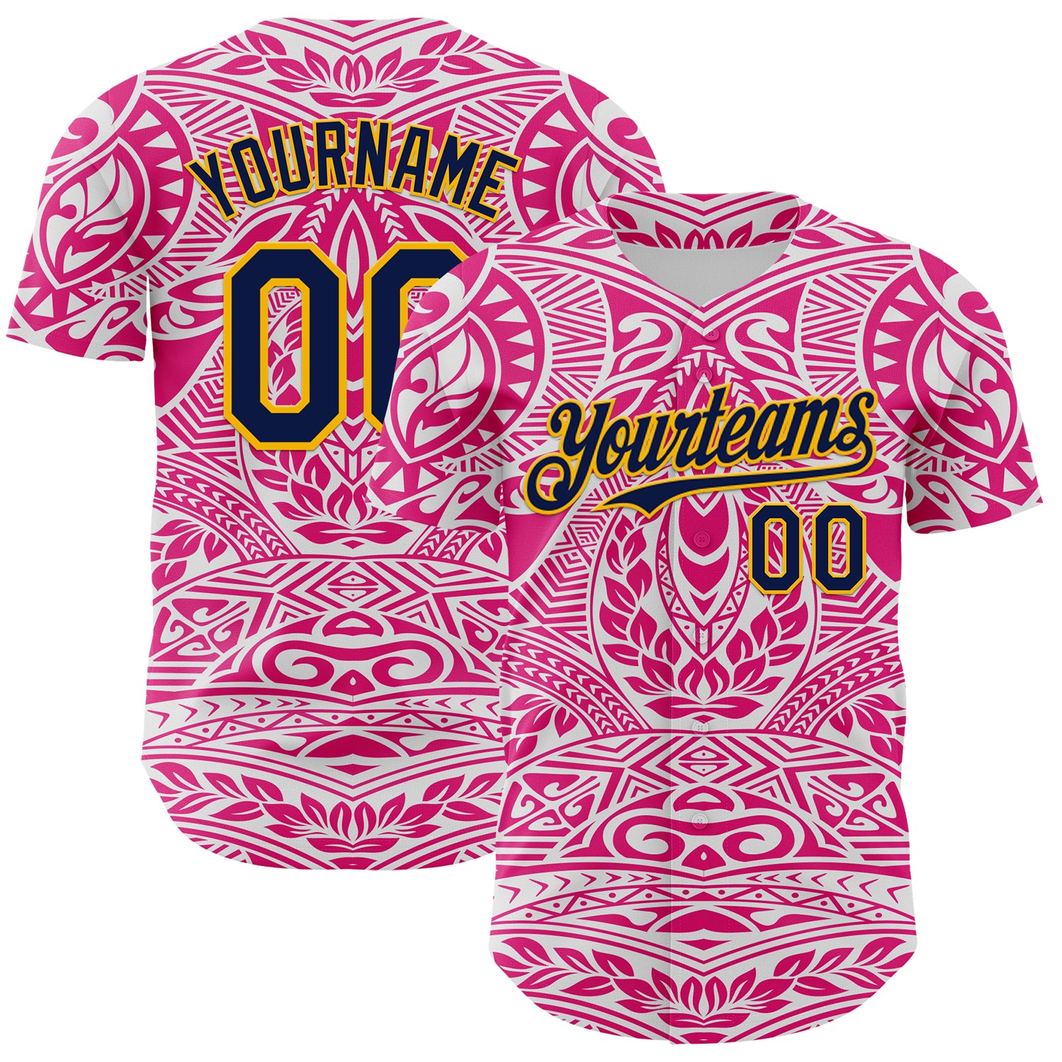 Custom Hot Pink Navy-Gold 3D Pattern Design Burner Costumes Ethnic Floral Authentic Baseball Jersey