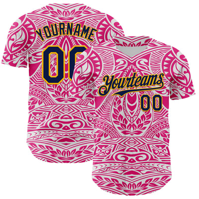 Custom Hot Pink Navy-Gold 3D Pattern Design Burner Costumes Ethnic Floral Authentic Baseball Jersey