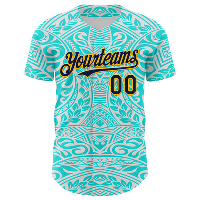 Custom Ice Blue Navy-Gold 3D Pattern Design Burner Costumes Tribal Tattoo Authentic Baseball Jersey