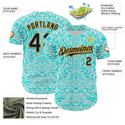 Custom Ice Blue Navy-Gold 3D Pattern Design Burner Costumes Tribal Tattoo Authentic Baseball Jersey