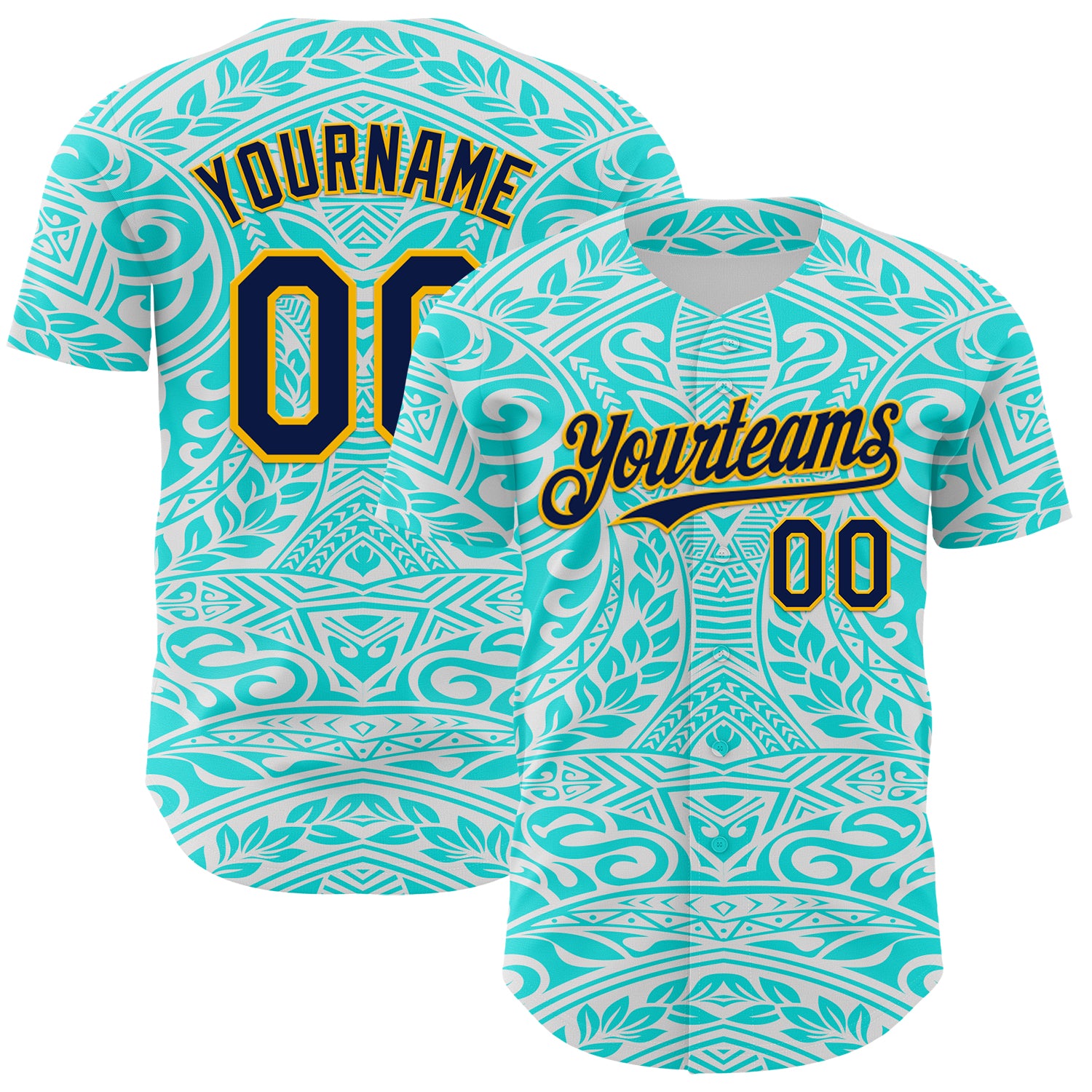 Custom Ice Blue Navy-Gold 3D Pattern Design Burner Costumes Tribal Tattoo Authentic Baseball Jersey