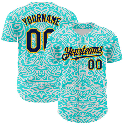 Custom Ice Blue Navy-Gold 3D Pattern Design Burner Costumes Tribal Tattoo Authentic Baseball Jersey