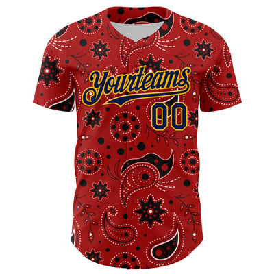 Custom Red Navy-Gold 3D Pattern Design Burner Costumes Paisley Bandana Authentic Baseball Jersey