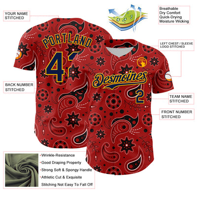Custom Red Navy-Gold 3D Pattern Design Burner Costumes Paisley Bandana Authentic Baseball Jersey