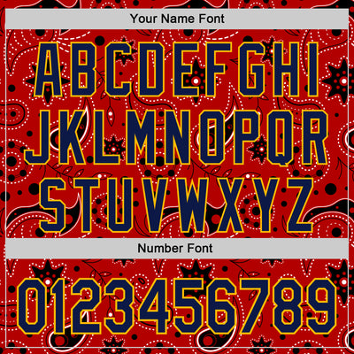 Custom Red Navy-Gold 3D Pattern Design Burner Costumes Paisley Bandana Authentic Baseball Jersey