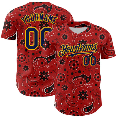 Custom Red Navy-Gold 3D Pattern Design Burner Costumes Paisley Bandana Authentic Baseball Jersey