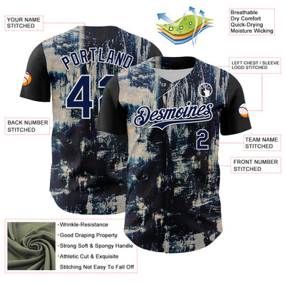Custom Black Navy-White 3D Pattern Design Burner Costumes Grungy Authentic Baseball Jersey