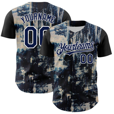 Custom Black Navy-White 3D Pattern Design Burner Costumes Grungy Authentic Baseball Jersey