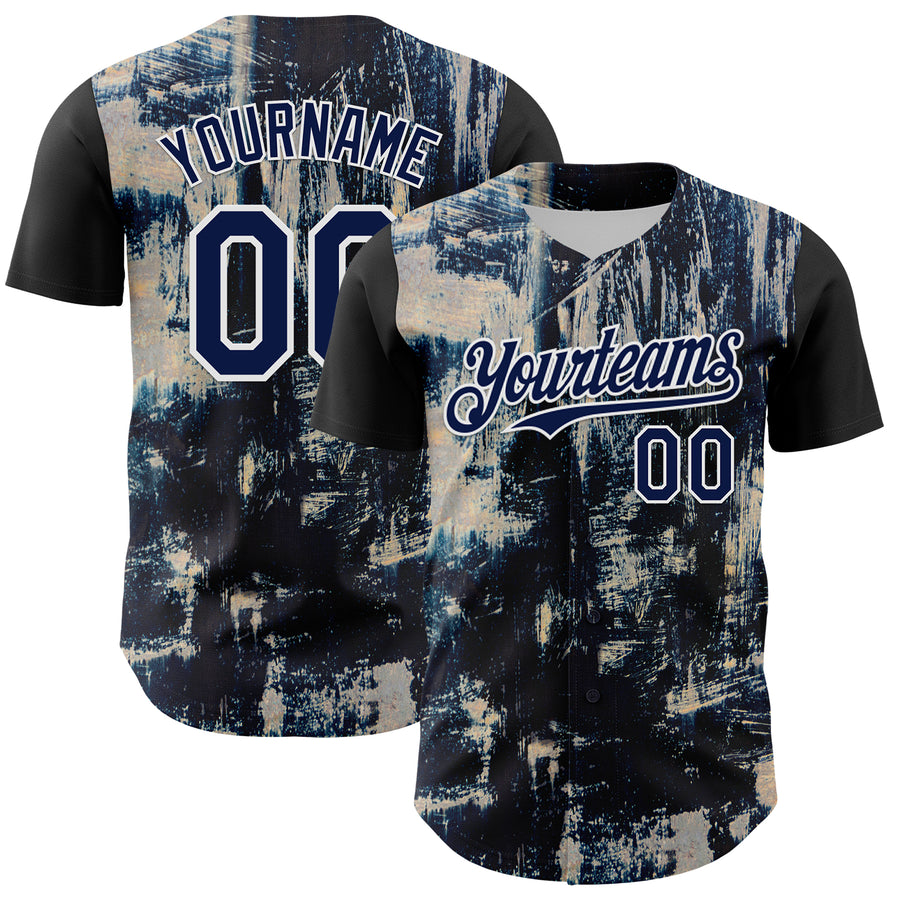 Custom Black Navy-White 3D Pattern Design Burner Costumes Grungy Authentic Baseball Jersey