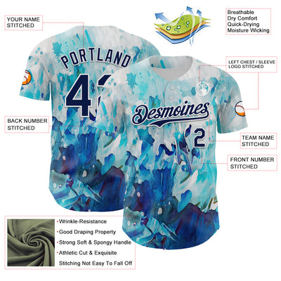 Custom White Navy 3D Pattern Design Burner Costumes Watercolor Paint Authentic Baseball Jersey