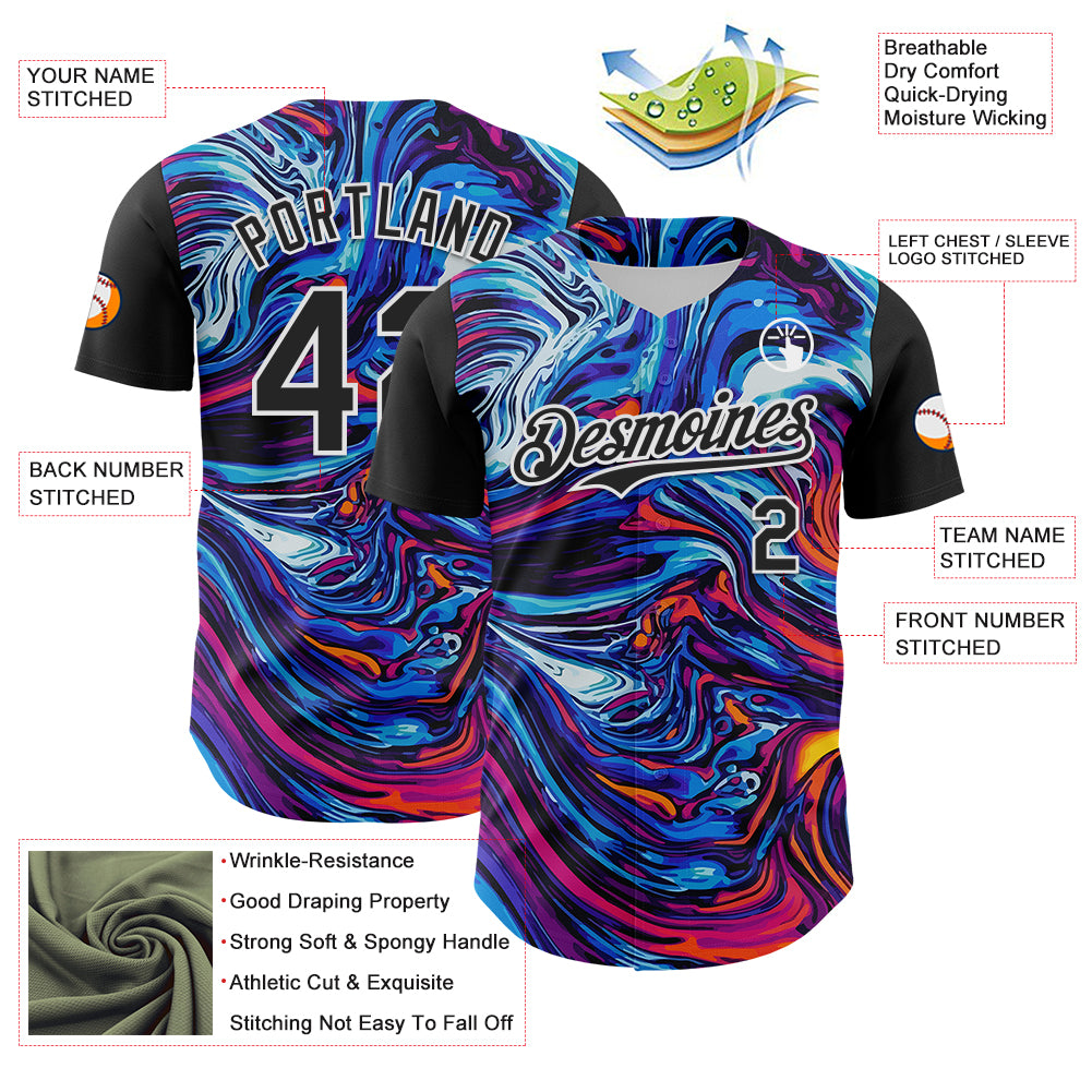 Custom Black White 3D Pattern Design Burner Costumes Lava Authentic Baseball Jersey