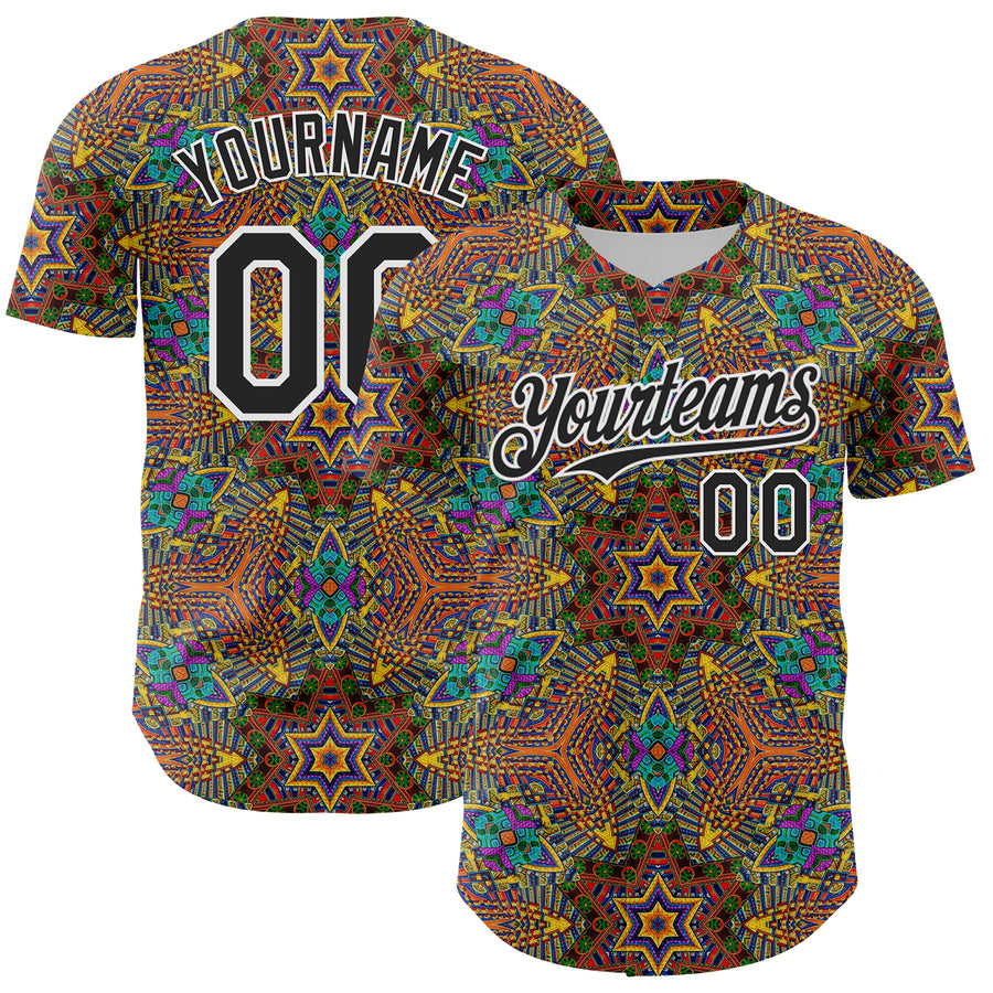 Custom Gold Black-White 3D Pattern Design Burner Costumes Trippy Authentic Baseball Jersey
