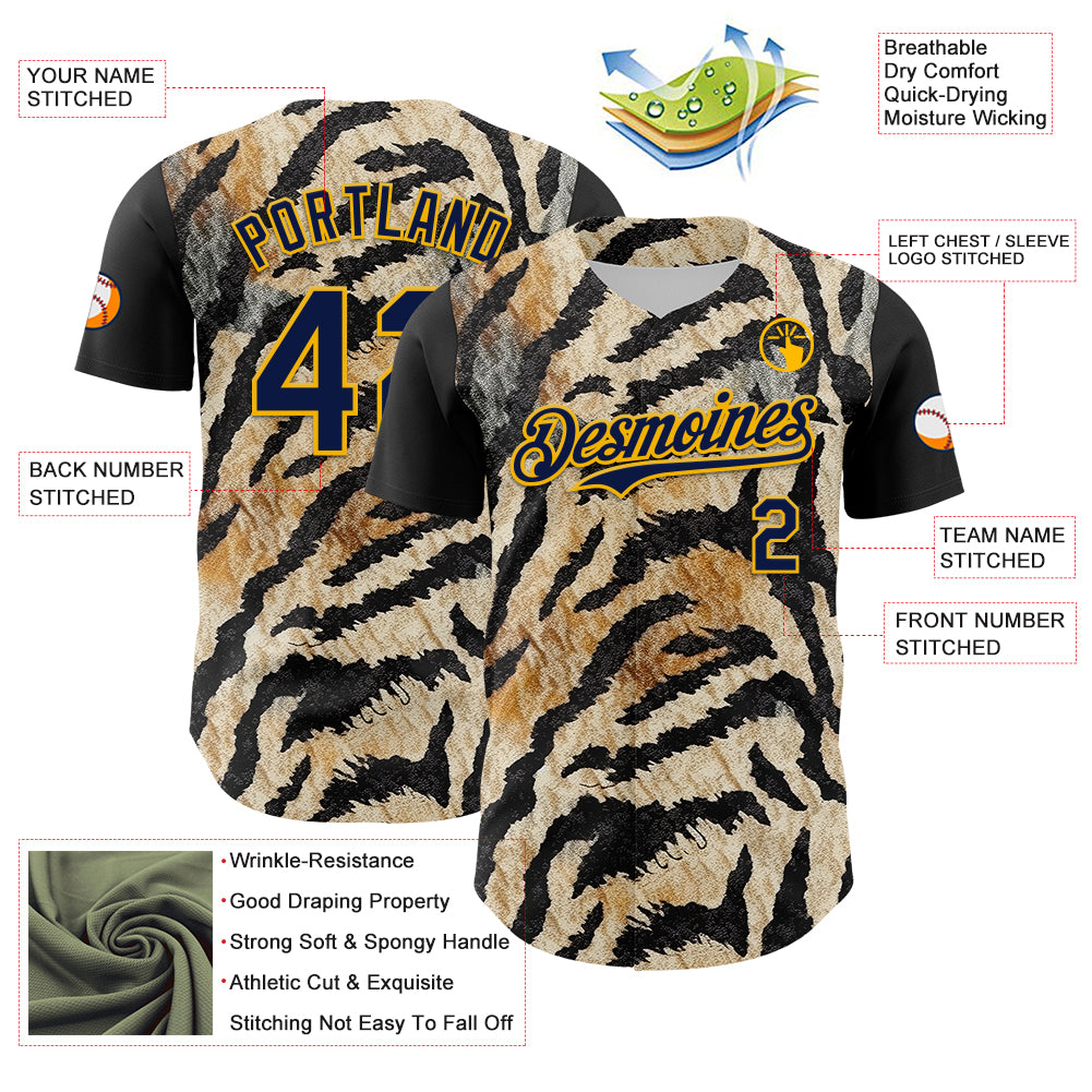Custom Black Navy-Gold 3D Pattern Design Burner Costumes Tiger Print Authentic Baseball Jersey