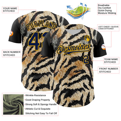 Custom Black Navy-Gold 3D Pattern Design Burner Costumes Tiger Print Authentic Baseball Jersey