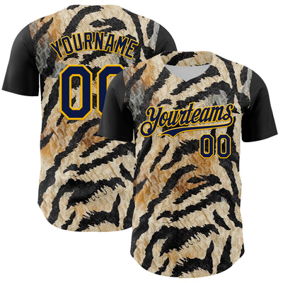 Custom Black Navy-Gold 3D Pattern Design Burner Costumes Tiger Print Authentic Baseball Jersey