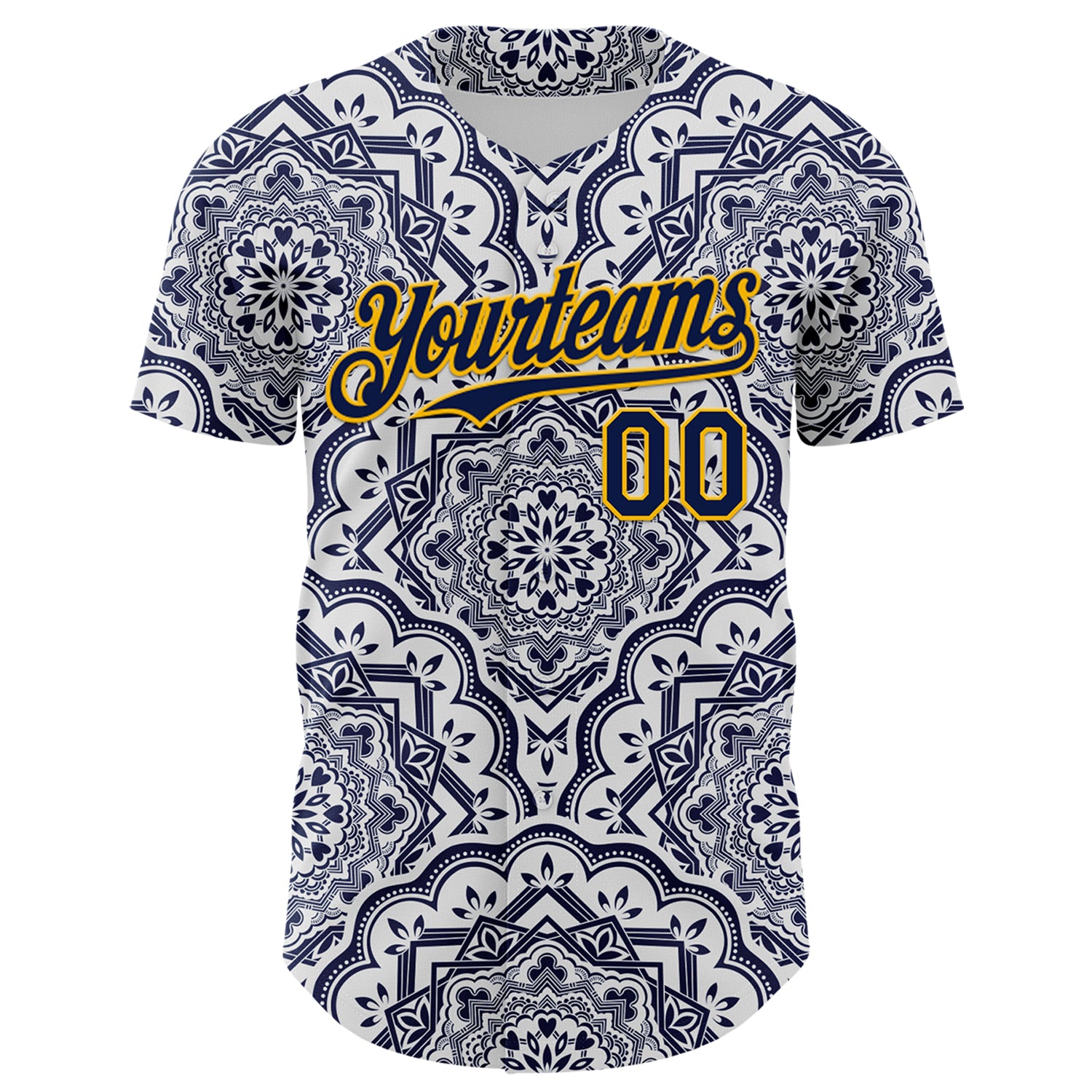 Custom Navy Gold 3D Pattern Design Burner Costumes Damask Authentic Baseball Jersey