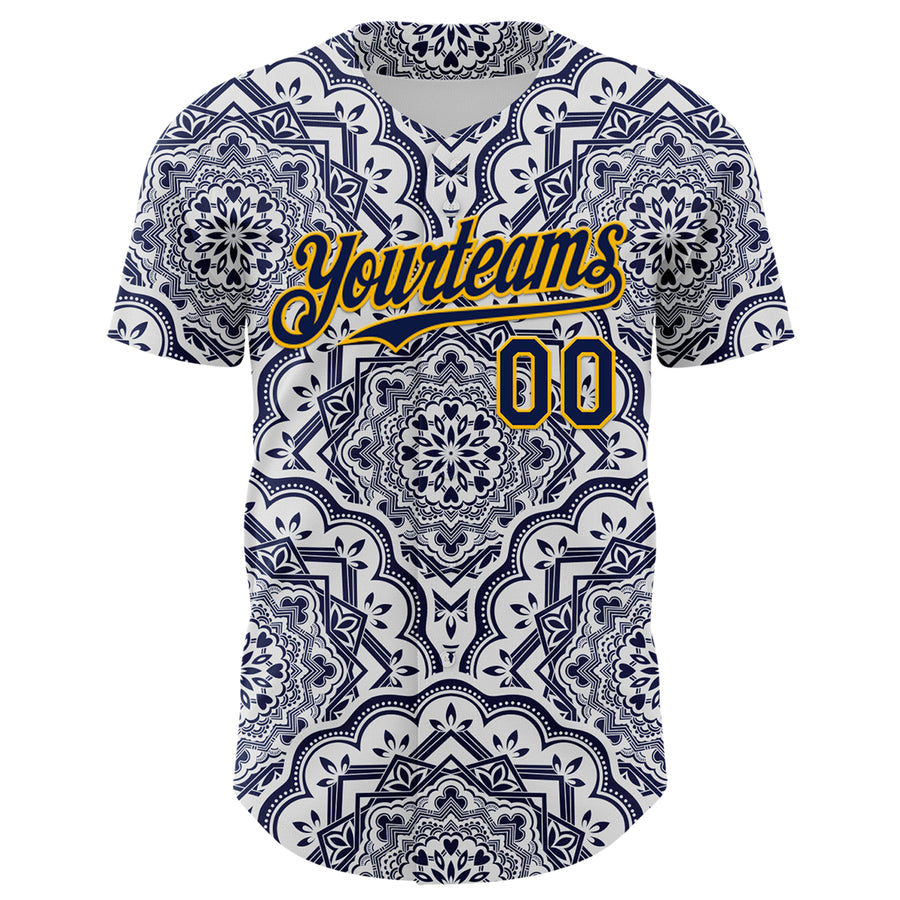 Custom Navy Gold 3D Pattern Design Burner Costumes Damask Authentic Baseball Jersey