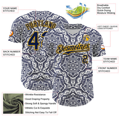Custom Navy Gold 3D Pattern Design Burner Costumes Damask Authentic Baseball Jersey