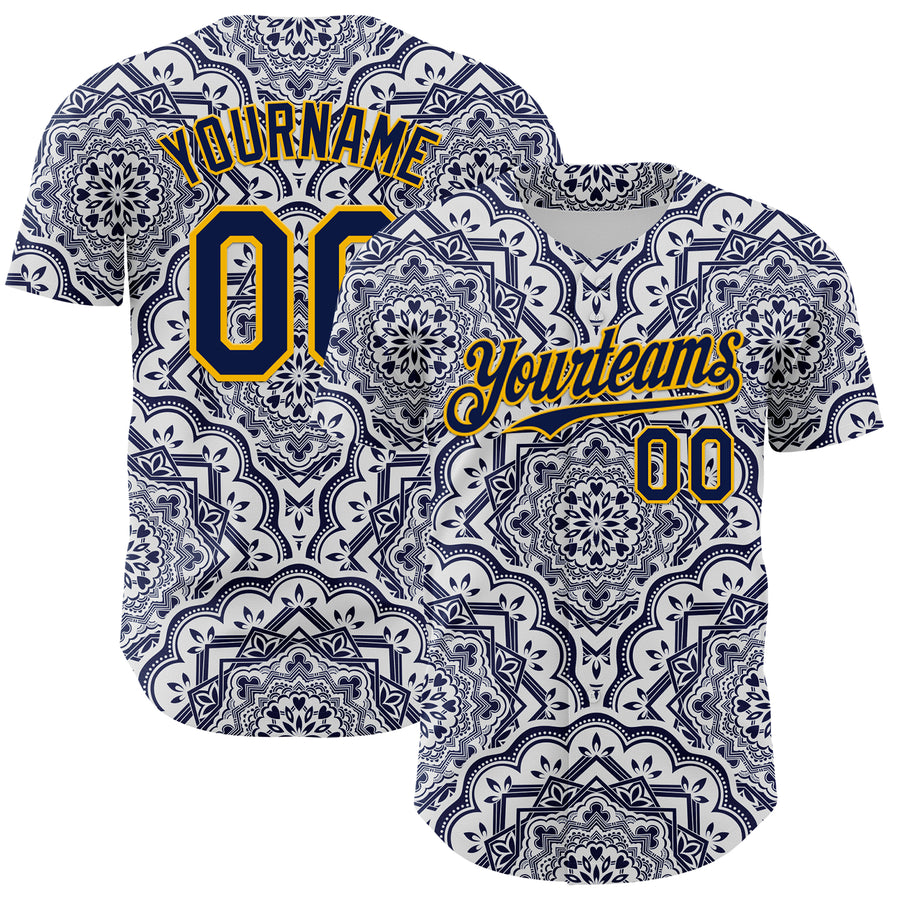 Custom Navy Gold 3D Pattern Design Burner Costumes Damask Authentic Baseball Jersey