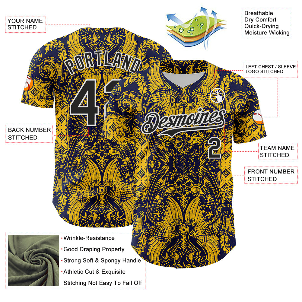 Custom Navy Black Yellow-White 3D Pattern Design Burner Costumes Paisley Authentic Baseball Jersey