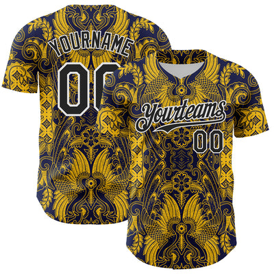 Custom Navy Black Yellow-White 3D Pattern Design Burner Costumes Paisley Authentic Baseball Jersey