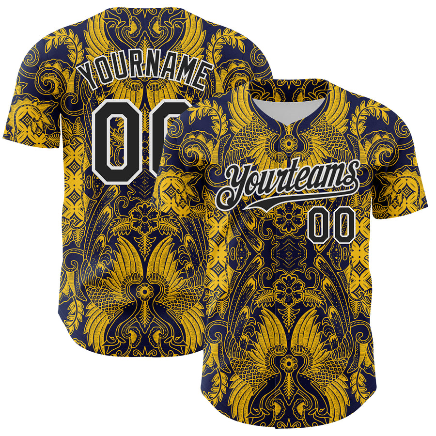 Custom Navy Black Yellow-White 3D Pattern Design Burner Costumes Paisley Authentic Baseball Jersey