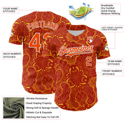 Custom Red Orange Gold-White 3D Pattern Design Burner Costumes Paisley Authentic Baseball Jersey