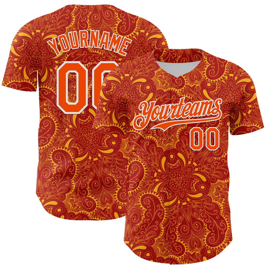 Custom Red Orange Gold-White 3D Pattern Design Burner Costumes Paisley Authentic Baseball Jersey