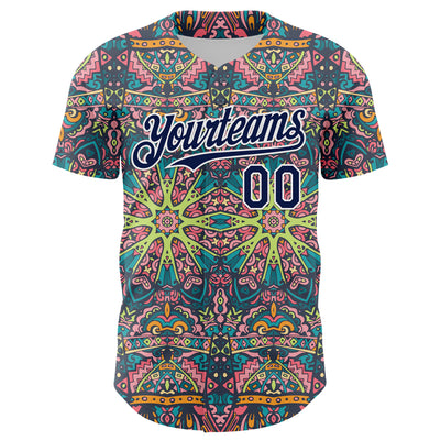 Custom Green Navy-White 3D Pattern Design Burner Costumes Psychedelic Authentic Baseball Jersey