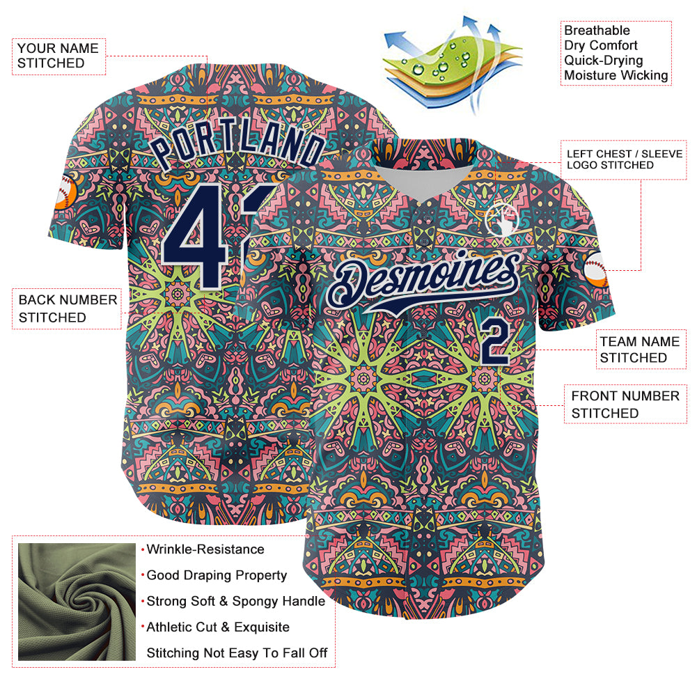 Custom Green Navy-White 3D Pattern Design Burner Costumes Psychedelic Authentic Baseball Jersey