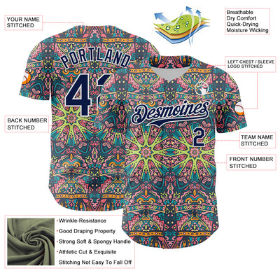 Custom Green Navy-White 3D Pattern Design Burner Costumes Psychedelic Authentic Baseball Jersey