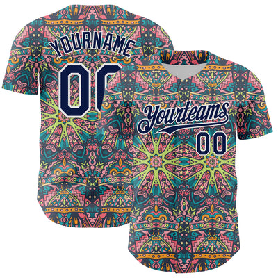 Custom Green Navy-White 3D Pattern Design Burner Costumes Psychedelic Authentic Baseball Jersey