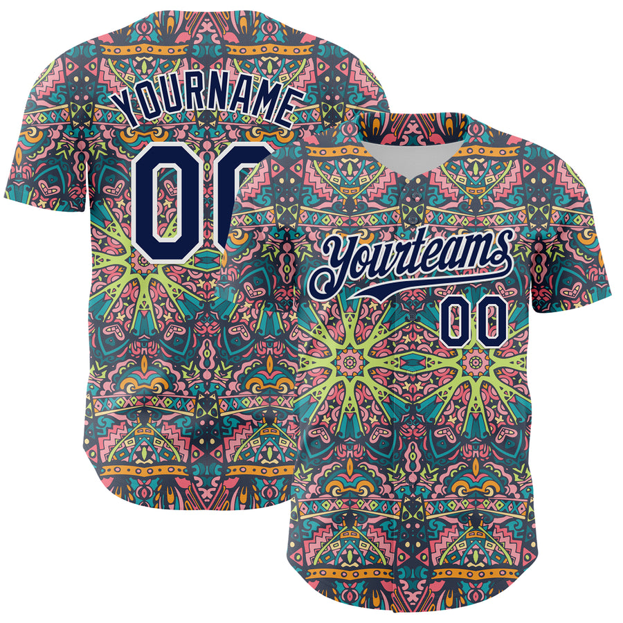 Custom Green Navy-White 3D Pattern Design Burner Costumes Psychedelic Authentic Baseball Jersey