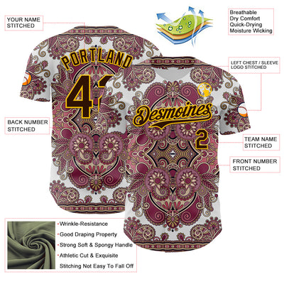 Custom White Brown Red-Yellow 3D Pattern Design Burner Costumes Exotic Authentic Baseball Jersey