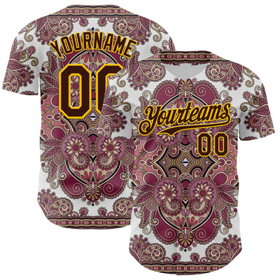 Custom White Brown Red-Yellow 3D Pattern Design Burner Costumes Exotic Authentic Baseball Jersey