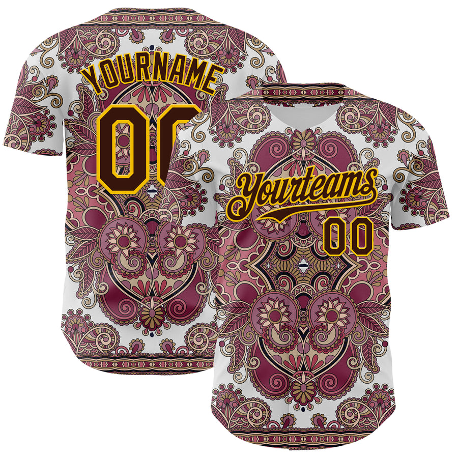 Custom White Brown Red-Yellow 3D Pattern Design Burner Costumes Exotic Authentic Baseball Jersey