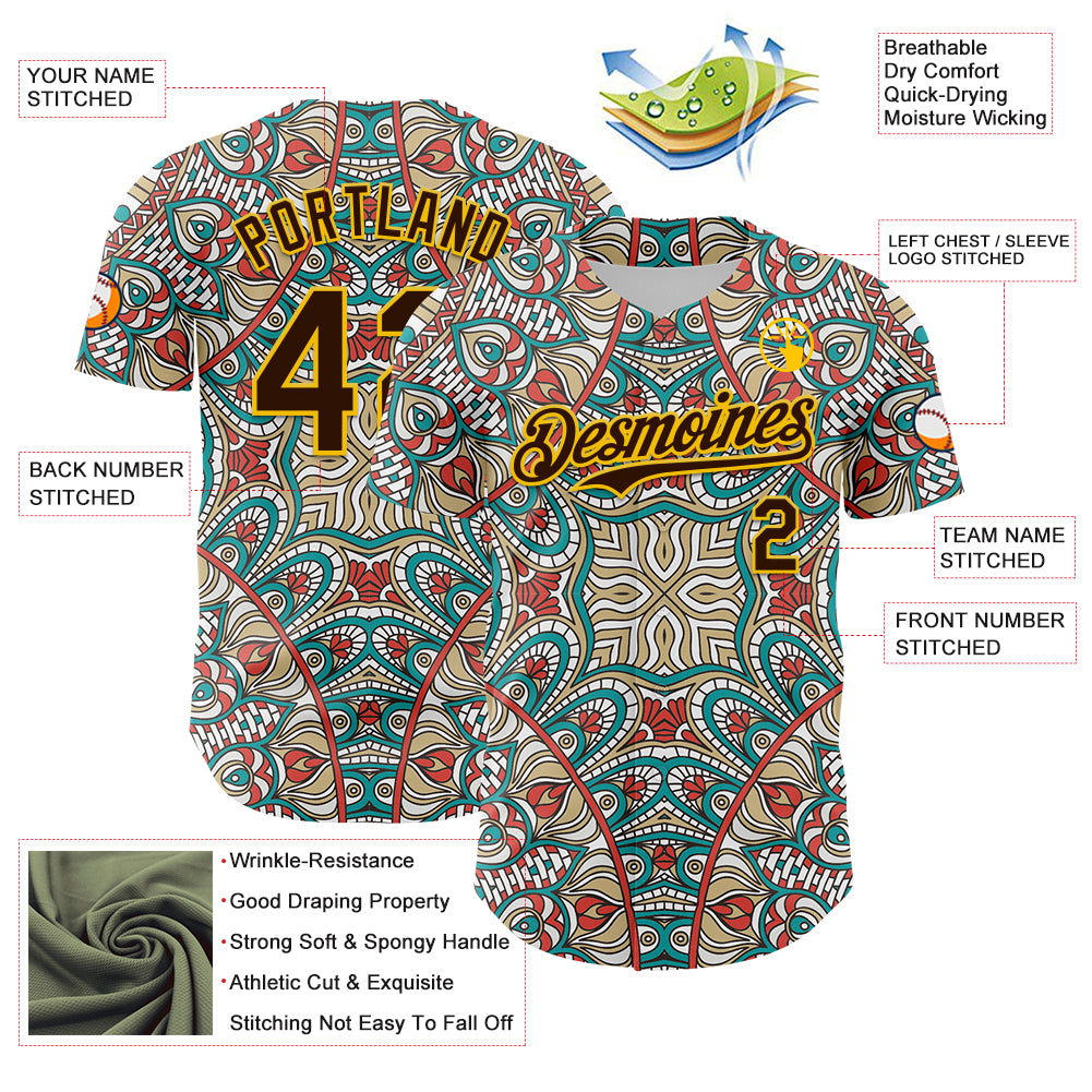 Custom Green Brown-Yellow 3D Pattern Design Burner Costumes Exotic Authentic Baseball Jersey