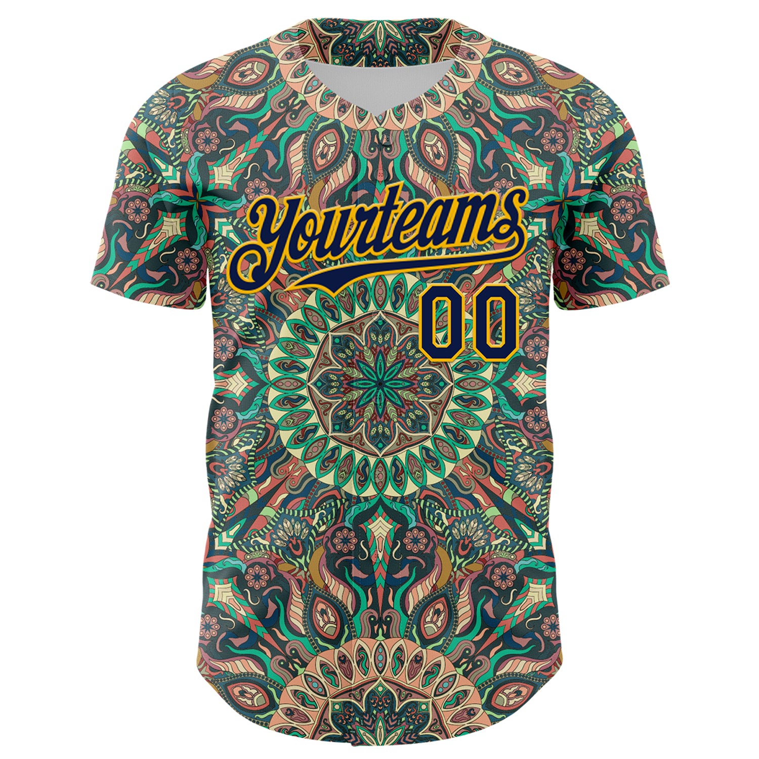 Custom Green Navy-Gold 3D Pattern Design Burner Costumes Psychedelic Authentic Baseball Jersey