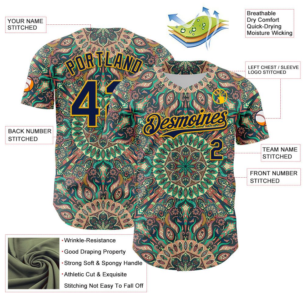 Custom Green Navy-Gold 3D Pattern Design Burner Costumes Psychedelic Authentic Baseball Jersey