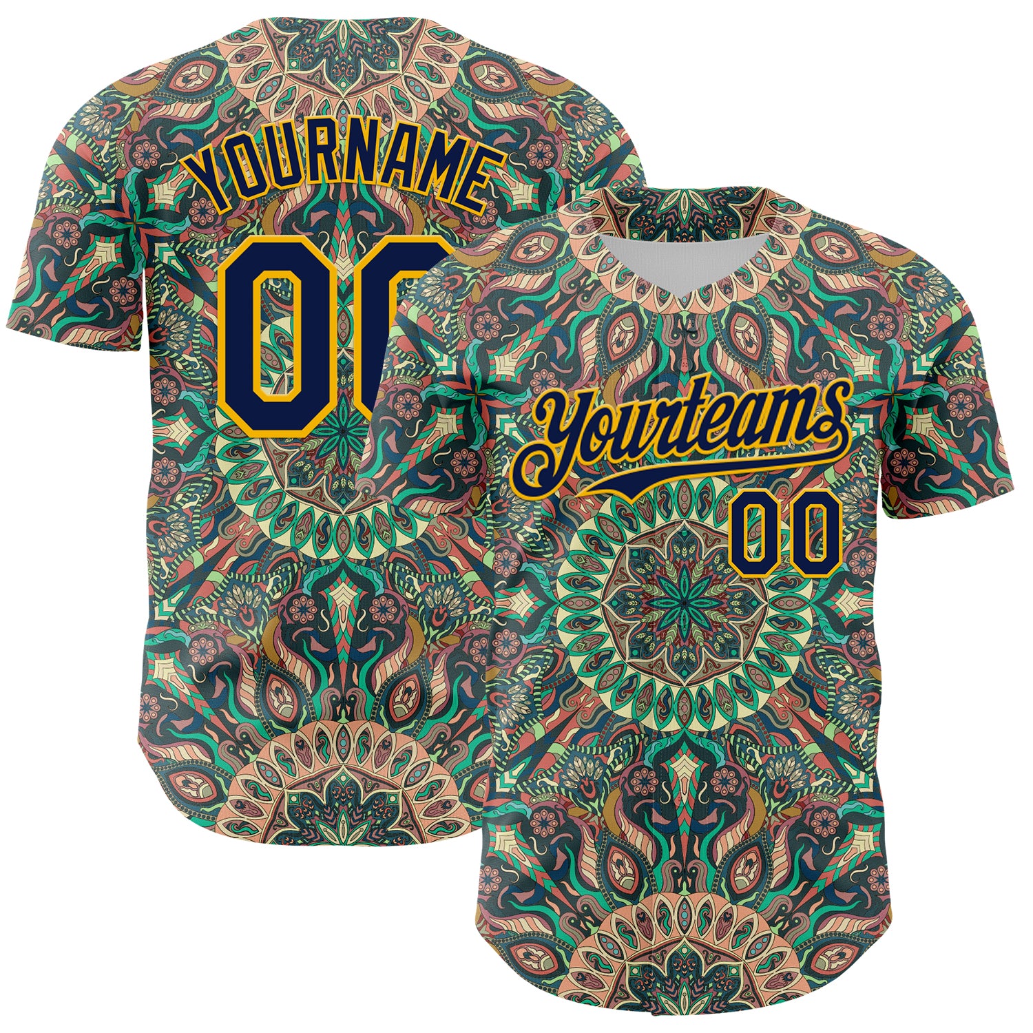 Custom Green Navy-Gold 3D Pattern Design Burner Costumes Psychedelic Authentic Baseball Jersey
